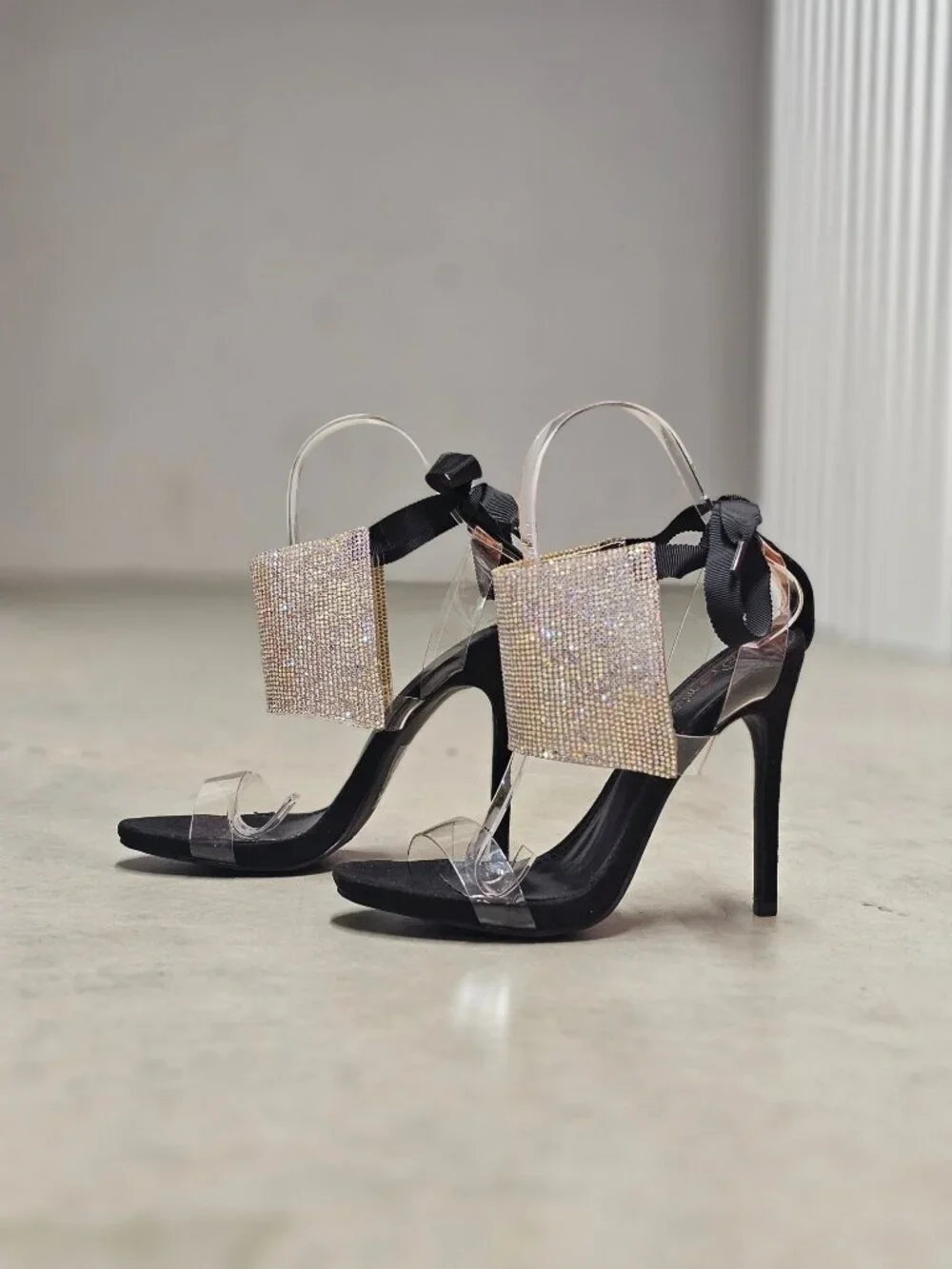 Black High Heel Sandals With Rhinestone Embellished Panels Clear Straps & Ribbon